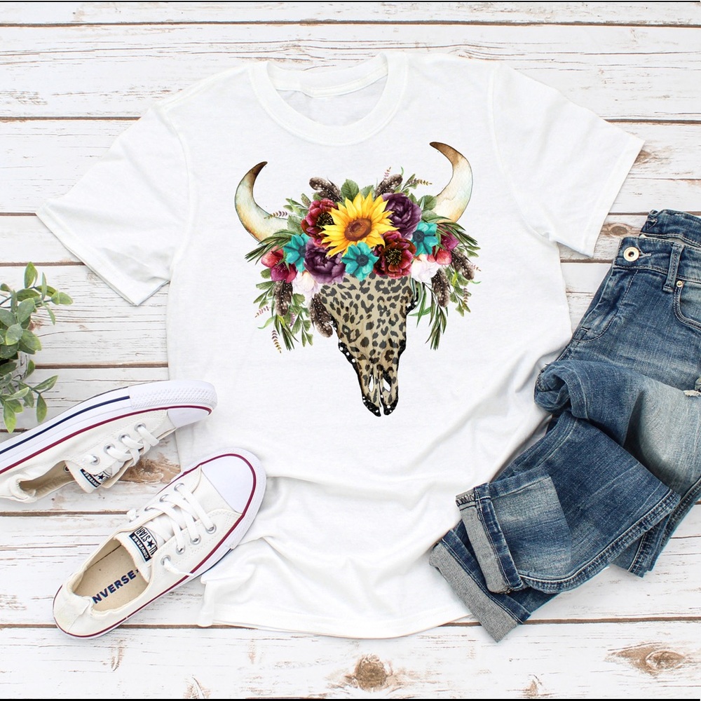 Bull Skull T-Shirt, Floral Cow Skull